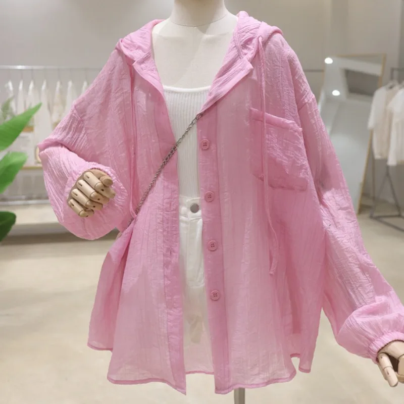 Dun dun en micro tot 2025, zomernieuwe losse, slanke, middellange, dunne damesblouse met lange mouwen en zonnebrandcrème met capuchon