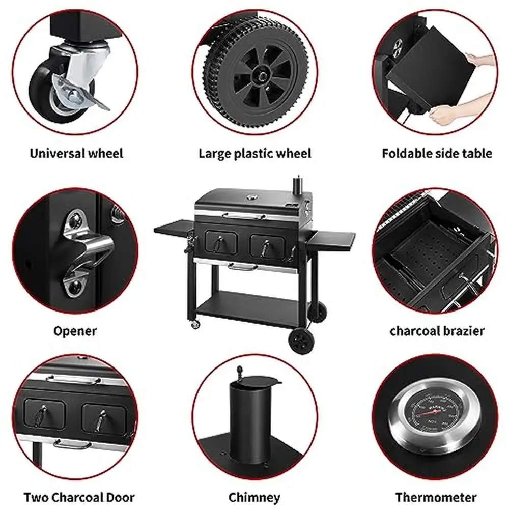 Large Charcoal Grill BBQ Smoker with Adjustable Cooking Area 4 Wheels and Waterproof Cover Rust Resistant Outdoor Grill Family