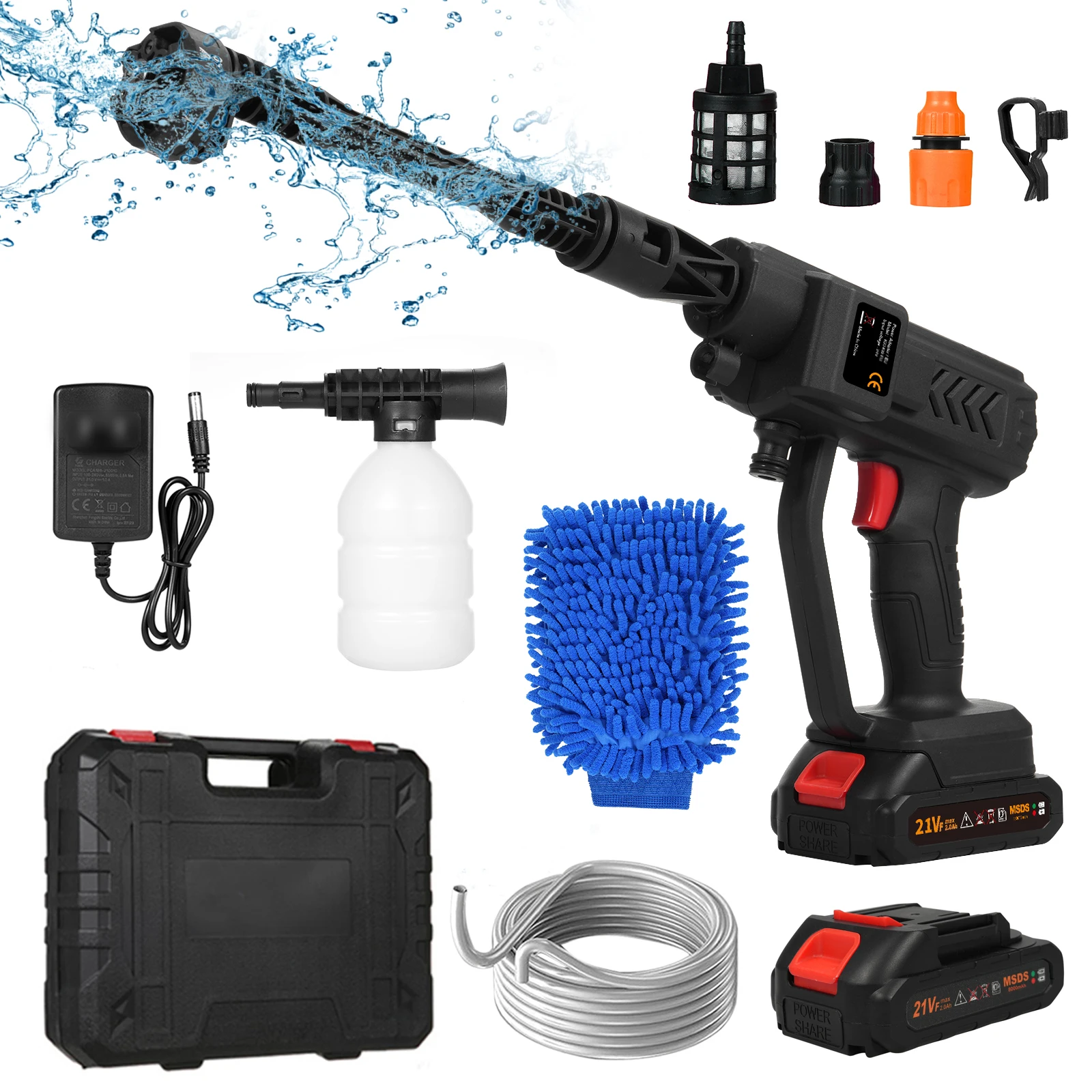 Handheld Pressure Washer Powerful 21V Car Wash Gun2pcs Rechargeable Battery 6in1 Multiple Injection Modes for Home Cleaning