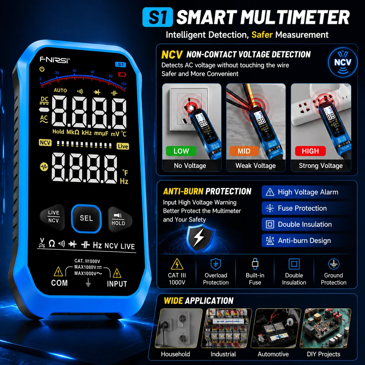 FNIRSI S1 Smart Digital Multimeter 9999 Counts True RMS Auto Range AC DC NCV Capacitance Diode Hz Live Wire Color Display Tester