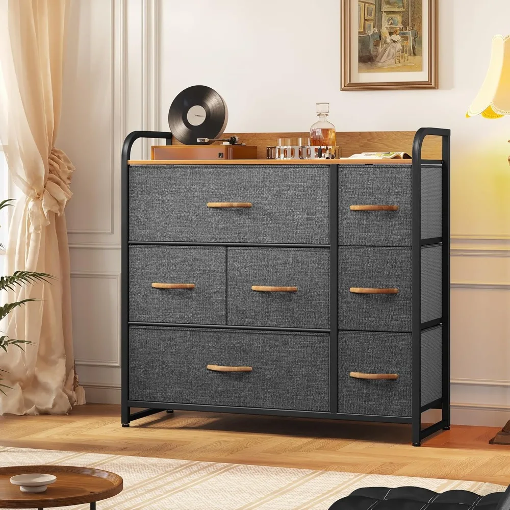 Dresser with 7 Drawers Storage Tower, Organizer Unit for Bedroom, Living Room, Hallway, Closets & Sturdy Steel Frame, Wooden