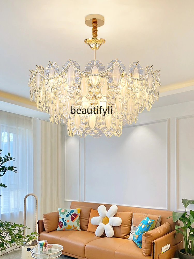 French Style Chandelier Light Luxury Pearl Glass New Living Room Bedroom Dining Room Cream Style Lamps