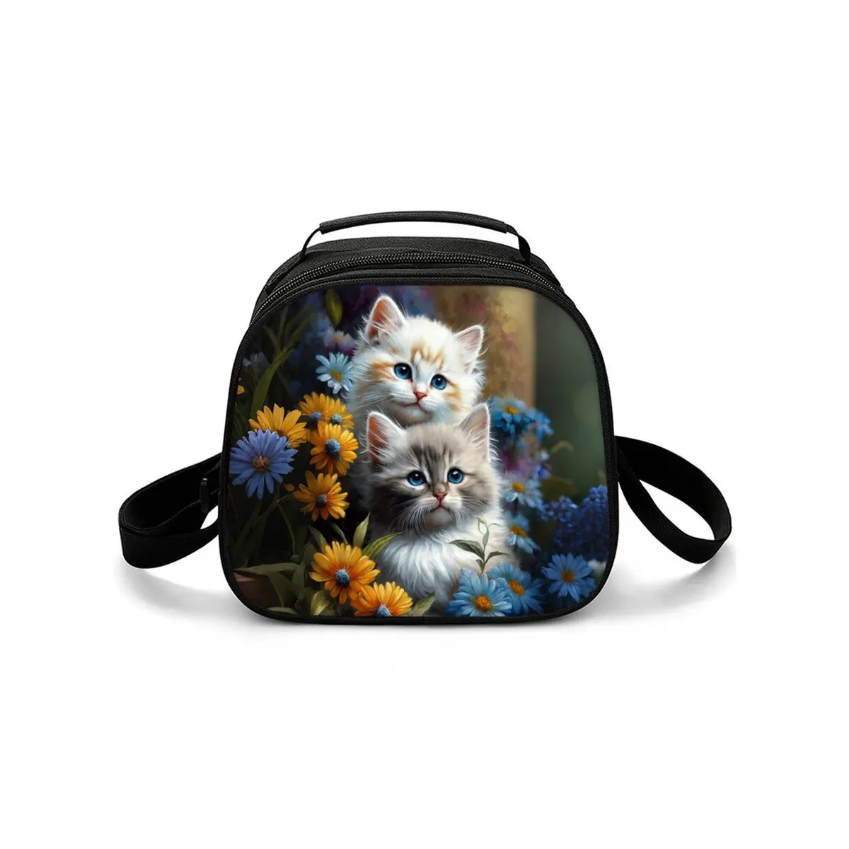 Cat Flower Print Design Shoulder Strap Insulated Lunch Bag Eco-Friendly Waterproof Thermal Cooler Reusable Student Bento Food