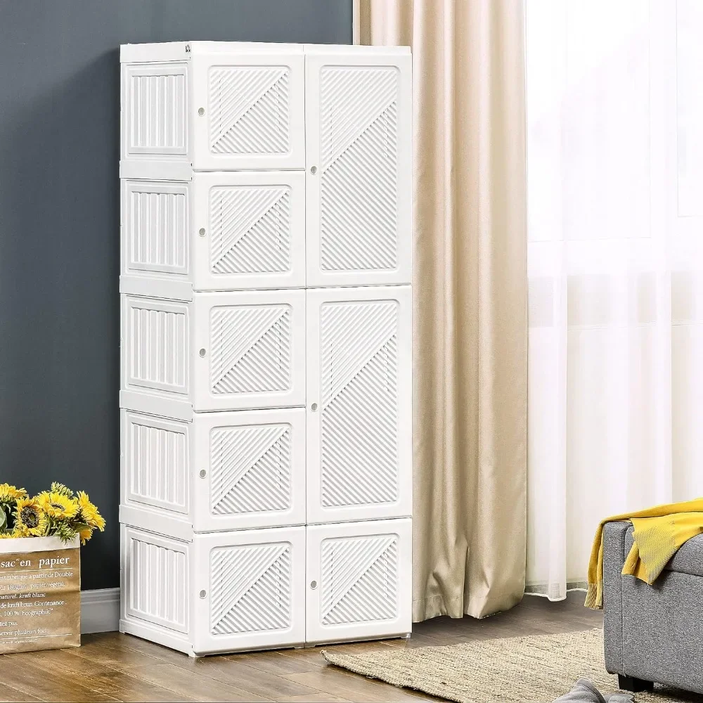 

Wardrobe Closet, Folding Bedroom Armoire, Clothes Storage Organizer with 8 Cube Compartments, Hanging Rod, Magnet Doors