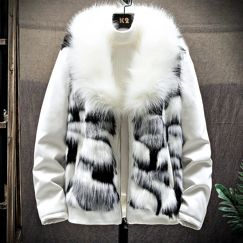 

Thiened Fce Lined Leather And Fur Inteated Motorcycle Jaet Men's Casual Cotton Outerwear Stand Collar Winter Coat