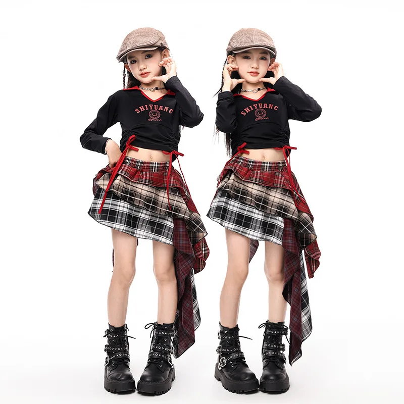Cooles Street Dance-Outfit für Mädchen, Jazz-Hip-Hop-Kostüm, Schnürung, plissiert, kurzärmelig, Rock, Hip-Hop-Kleidung, Tanz-Übungskleidung