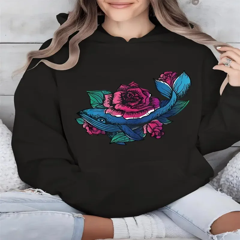 

Женская толстовка с длинными рукавами и цветочным принтом морской жизни, мягкий пуловер, толстовка с розовыми розами, уютная осенне-зимняя модная уличная одежда