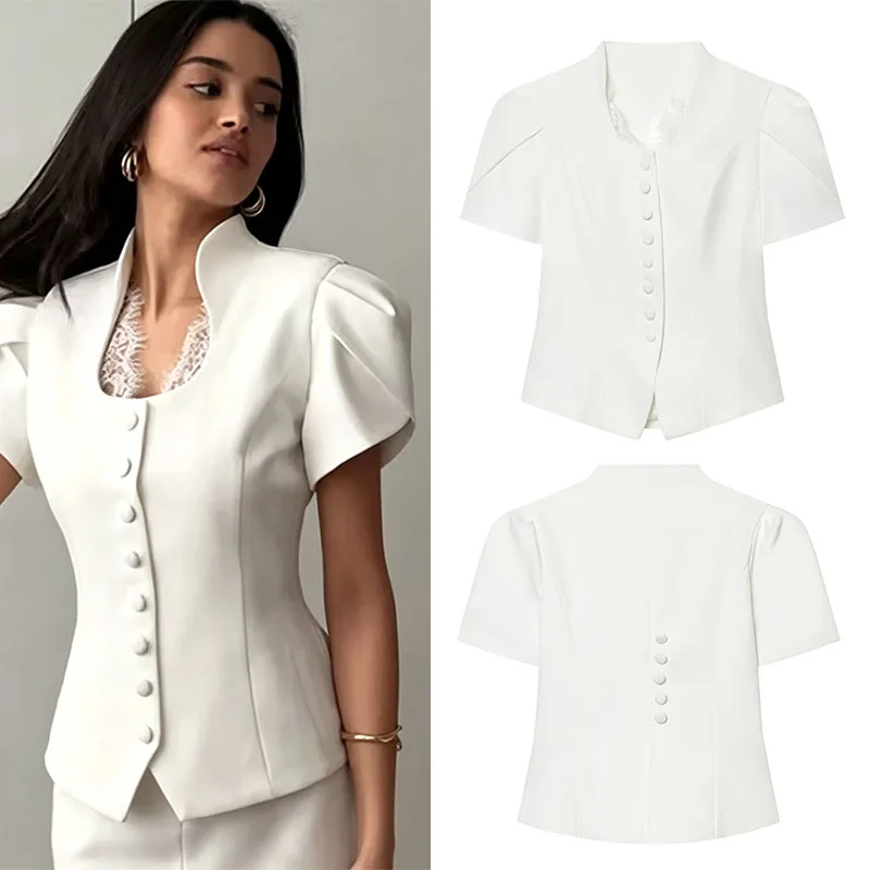 guobioziy 2026 Summer New Women Short Sleeve Cropped Blazer Single Breasted Elegant Slim Casual Suit Jacket