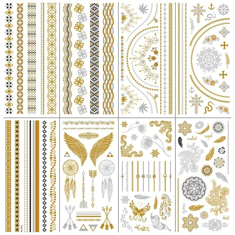 Body Bronzing Tattoos Stickers Henna Tatouage Temporaire Femme 21*10cm Gold Silver Waterproof Transfer Temporary Fake Tattoo Art