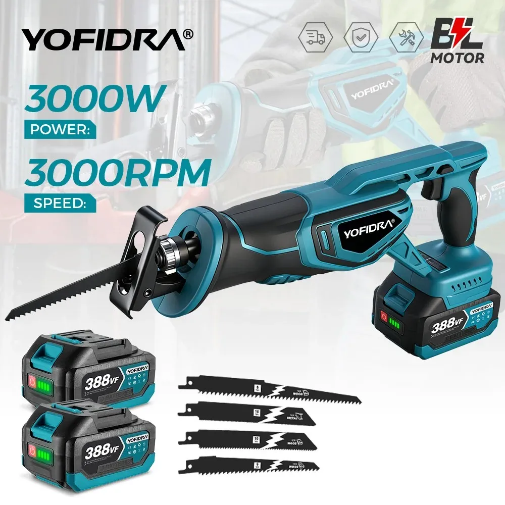 YOFIDRA 3000W Bürstenlose Säbelsäge, Multifunktions-Metall-, Holz- und Rohrschneidewerkzeug für Makita 18V Akku