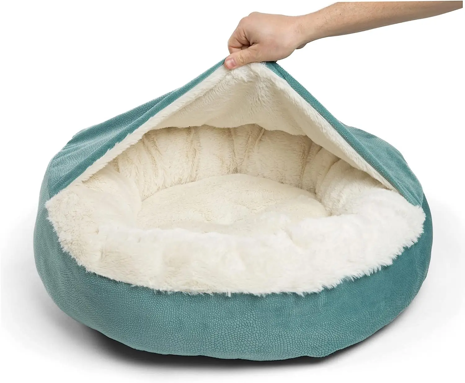 Washable Round Dog Cat Bed with Attached Blanket, Soft Plush Cozy Donut Cuddler, Hooded Pet Beds, Orthopedic Calming Cat Cave