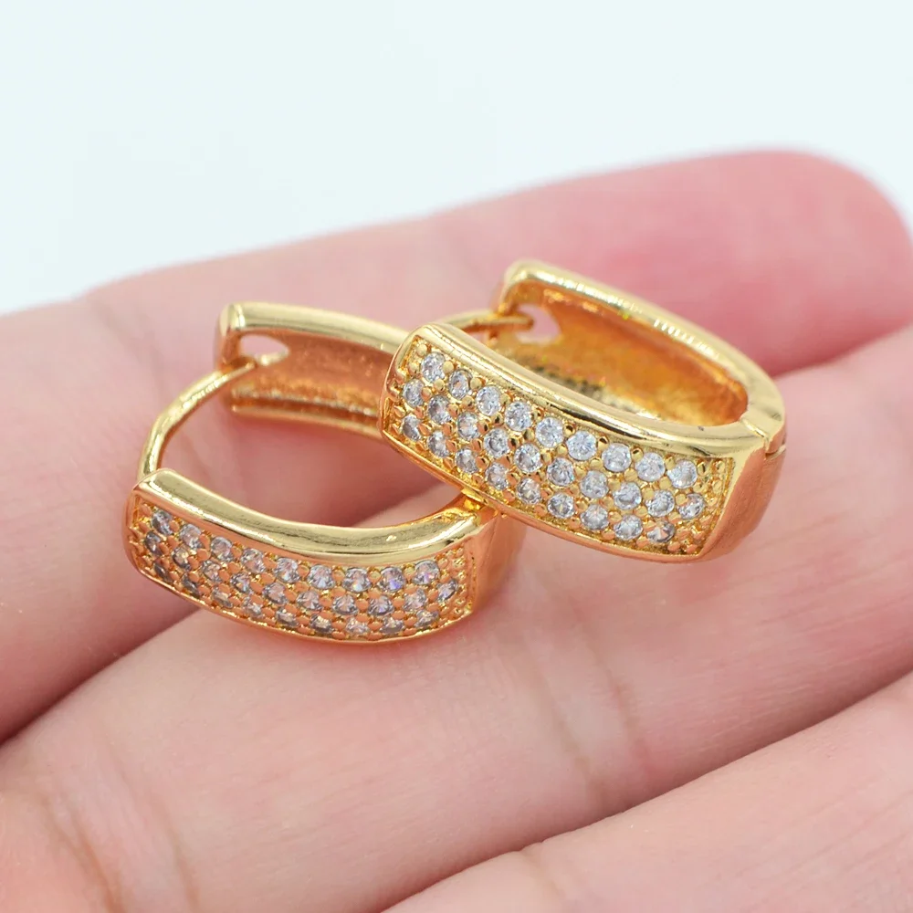 Gold Color Women Fashion Three Rows Clear Zircon CZ Huggie Hoop Earrings Jewelry