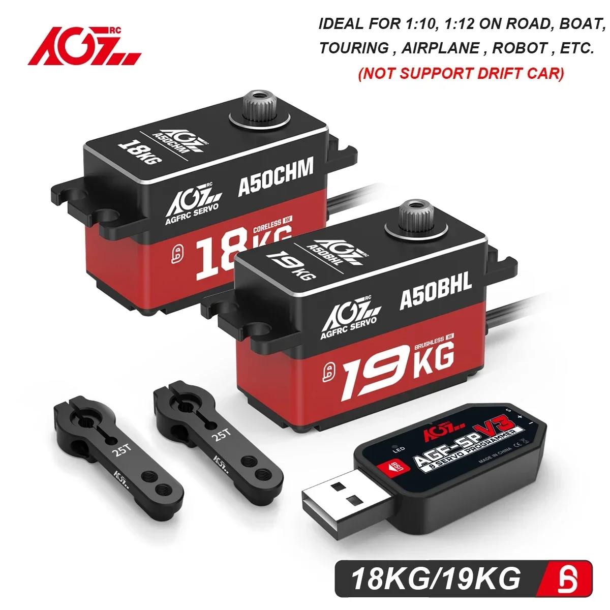 AGFRC LOW PROFILE A50BHL A50CHM โปรแกรม 19KG 18KG Brushless Coreless Digital RC Servo สําหรับ 1:10 1:12 RC เรือเครื่องบินรถ