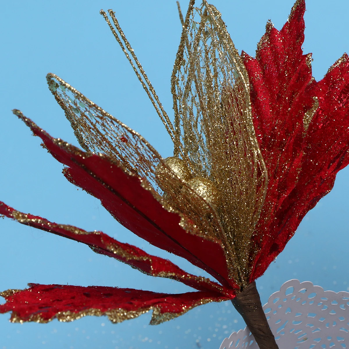 

6Pcs Christmas Flower Decoration Premium Simulation Leaves Red Bright Glitter Party Festival Ornament for Tree Wall Window