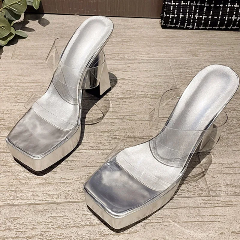 2024 Fashion Women 12cm Square High Heels 3 Platform Pumps Jelly Crystal Designer Slippers Beach Cinderella Silver Pink Shoes