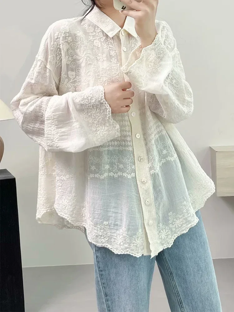 Cotton Floral Embroidery Long Sleeve Loose Tunic Shirt Vintage Retro Chic Rococo Classy Youth Blouse Smock