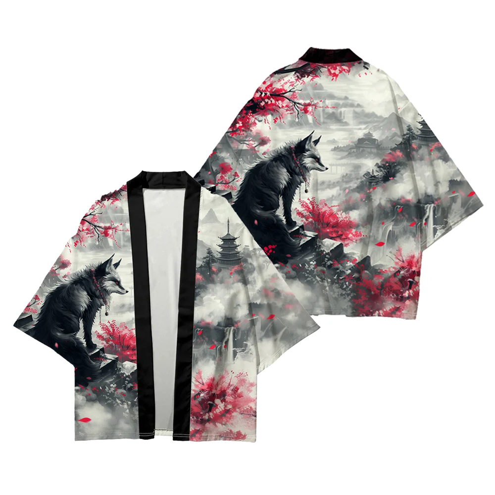 Japanese Anime Dragon Print Kimono Mythical Beast Kirin Graphic Cardigan Yukata Women Men Traditional Samurai Robe Cosplay Shirt