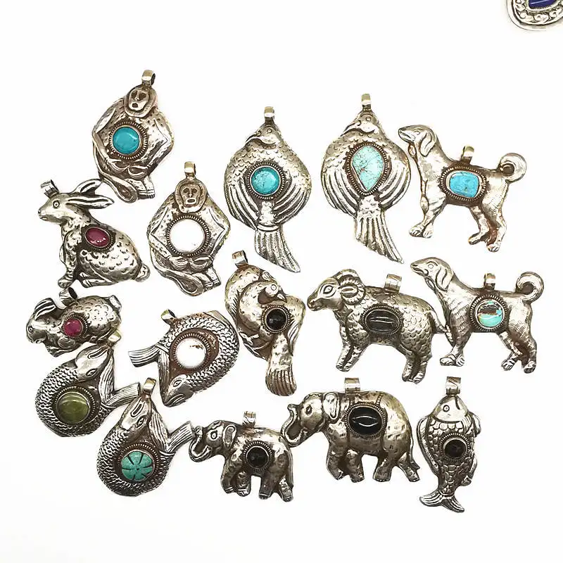 TBP690 Fine Handmade Jewelry Animal Figures Collection Elephant Sheep Bird Fish Big Pendants Copper Inlaid Semi-precious Stone