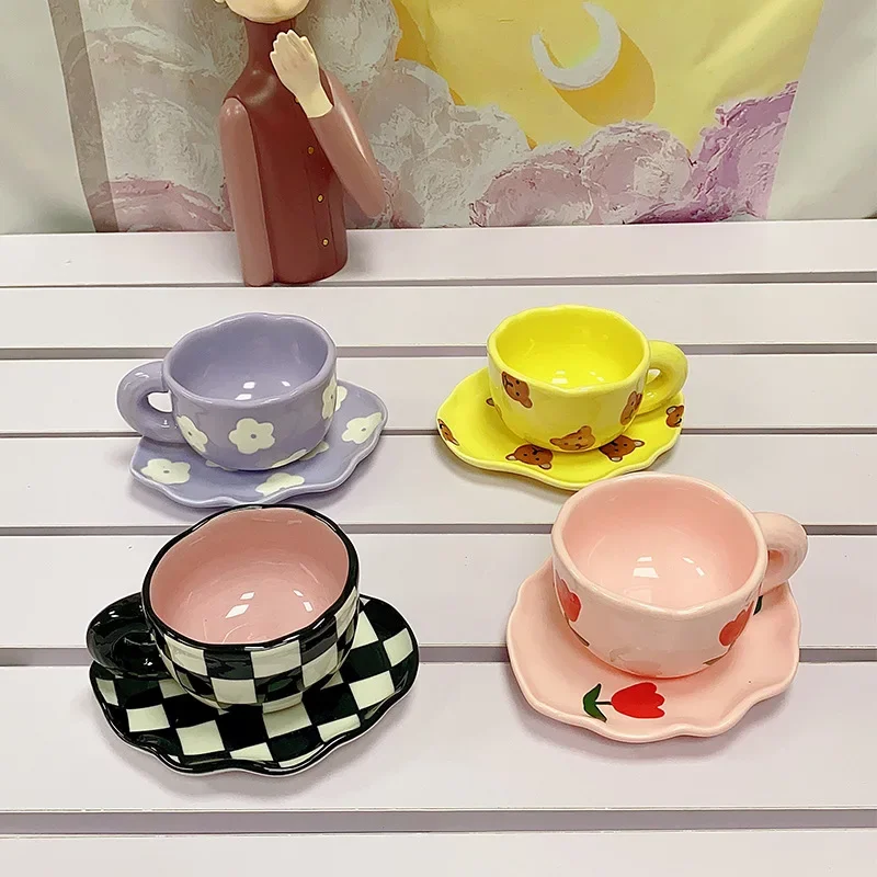 Korean Style INS Niche High Value Water Cup Afternoon Camellia Tea Cup Mug Hand Pinched Ceramic Coffee Cup Saucer Set