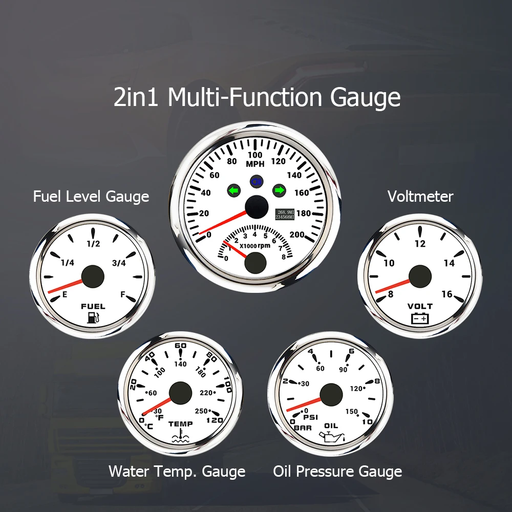 

RHAXEL Набор из 5 манометров 85 мм, спидометр, GPS, 120 миль в час, с тахометром, уровень топлива, температура воды. Вольтметр давления масла 12В для трактора ФУРГ