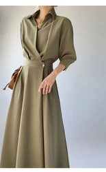 LMQ NEW French Design Temperament Lapel Neck Luxury High-End Dress Women  Elegant fashion Commuter Long Skirt OL Vestidos Robe