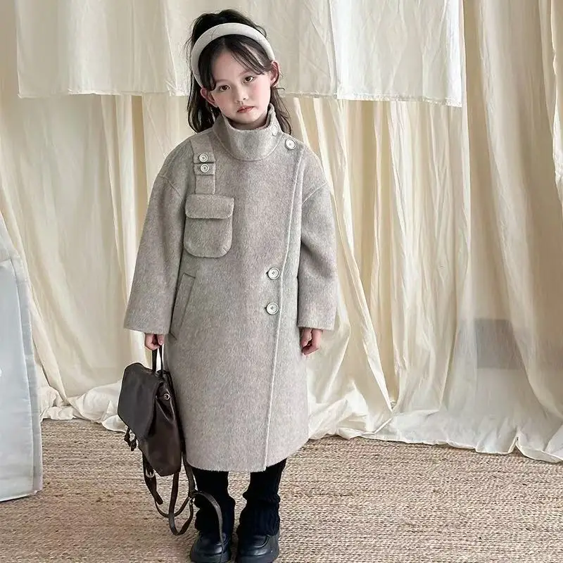 New Children's Double-faced Cashmere Coat Autumn Winter Woolen Coat Korean Style Medium Large Children's Warm Solid Color Coat