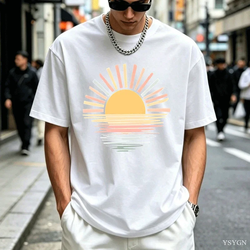 Retro Sunset Graphic Tees Men Woman Summer T Shirt Round Neck Short Sleeve Pullover Printed T-shirts Unisex Comfortable Tshirt