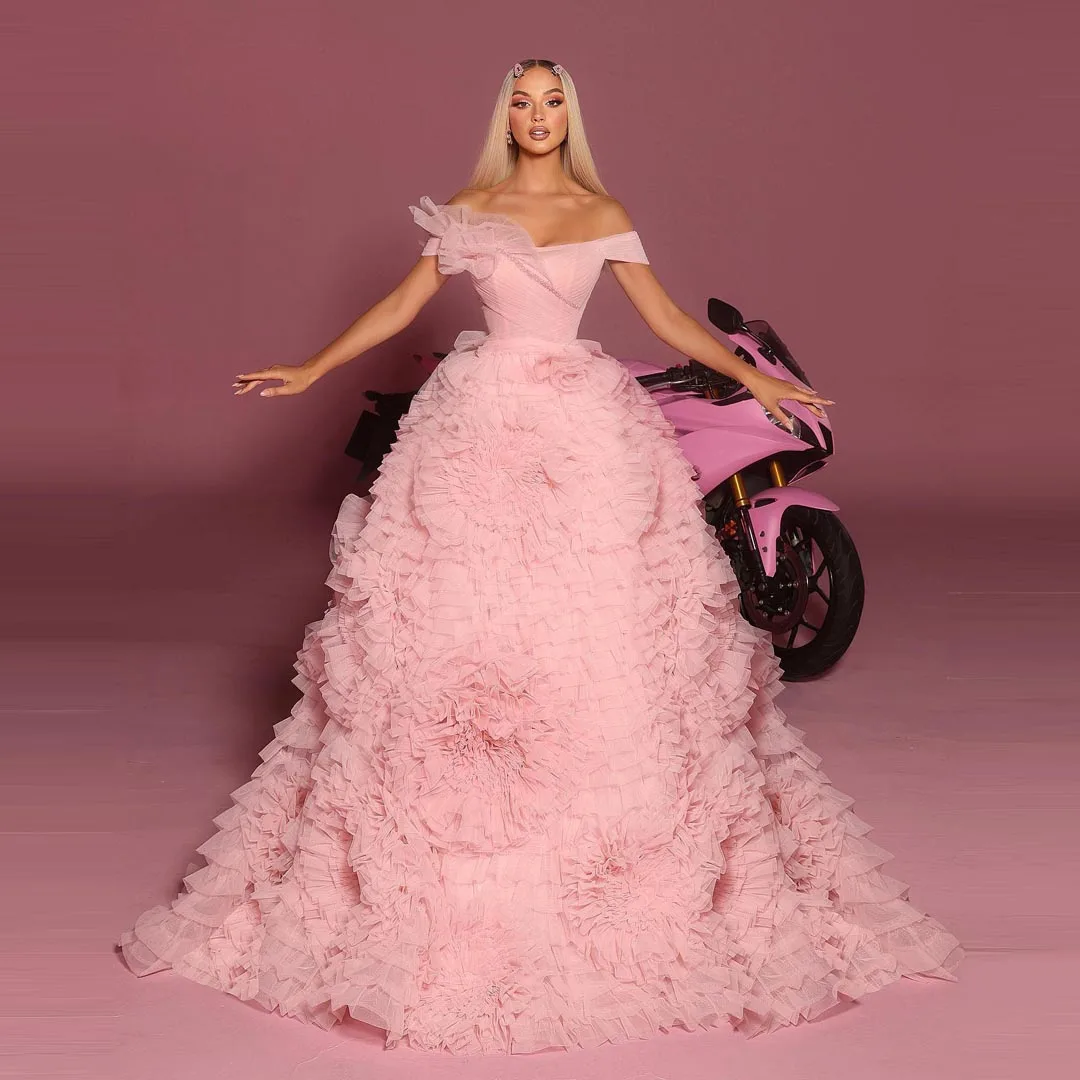 

Pink Cloud Flower Rose Wedding Dresses Off The Shoulder Long Tulle Evening Dress Puffy Ruffle Robe De Mariage Bridal Gown