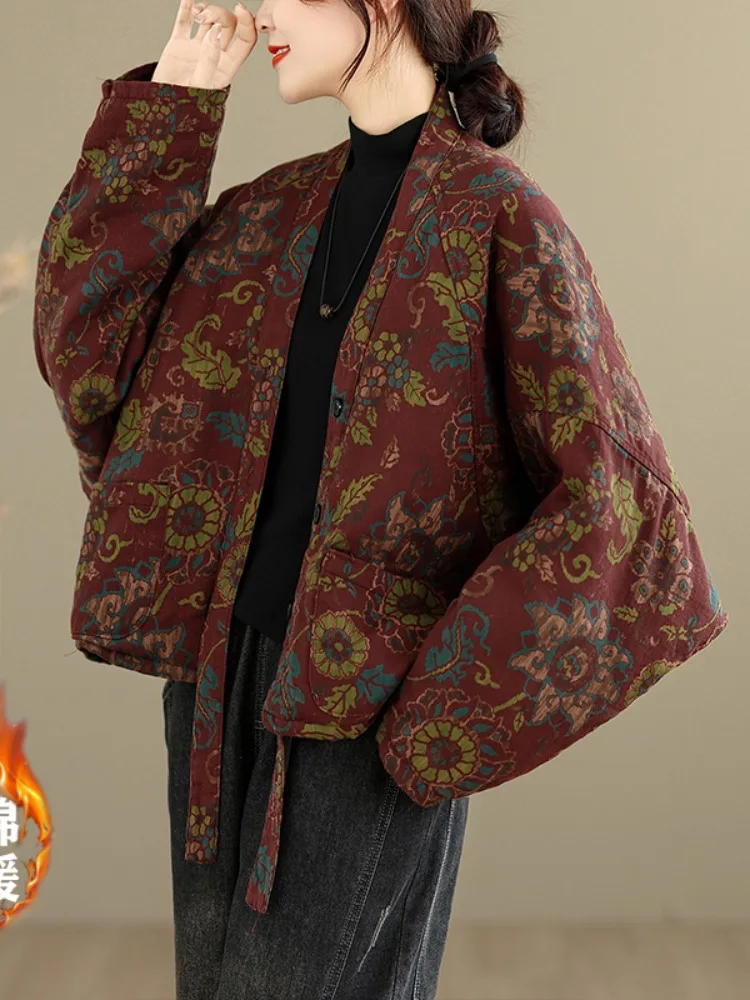 Retro Large Size Linen Cotton Print Jacket Women's Winter Small Size Cotton Coat Thickened Zen Style Outerwear Coat