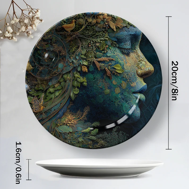 One Hand-Painted Ceramic Decorative Plate Featuring a Nature-Inspired Design, Showcasing a Woman with Birds And Plants. Ideal
