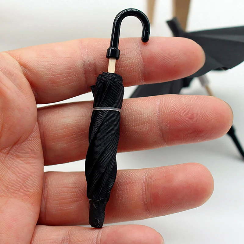 1pc Dollhouse Simulation Mini Black Umbrella Can Open The Retro Miniature Scene Ornament Black Umbrella