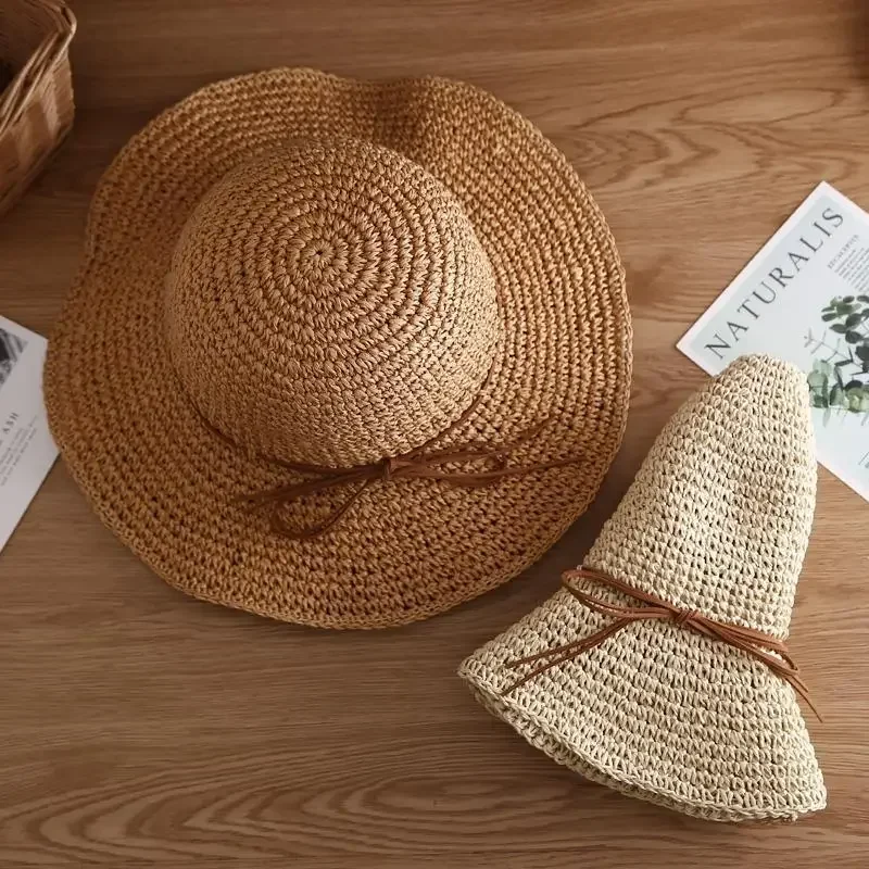 

New Ladies Sun Hat for Women Bowknot Raffia Straw Cap Foldable Summer Cap Wide Brim Beach Hat Female Chapeau Femme