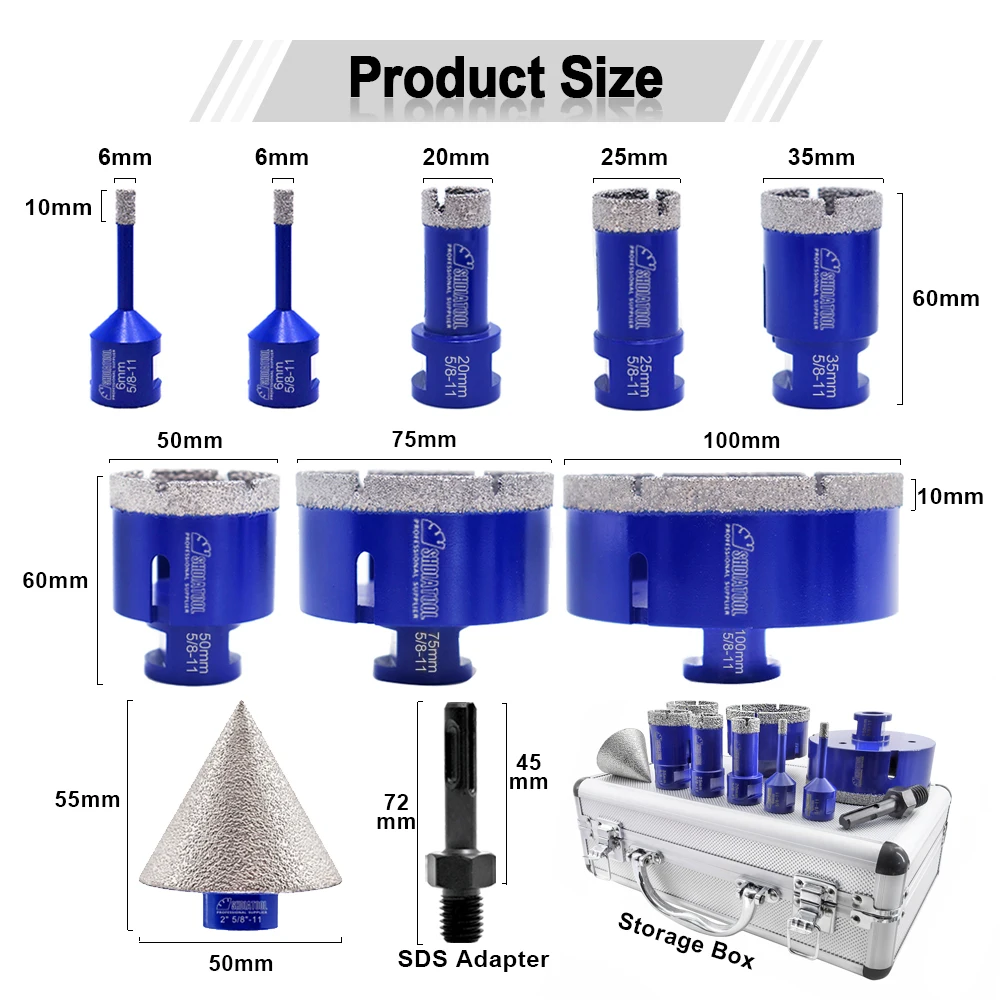 Imagem -03 - Shdiatool-diamond Drilling Milling Tool Drill Bits Plus 50 mm Bits Chanfro Chanfrado Telha do Adaptador Granito 20 25 35 50 75 100 mm Peças 10
