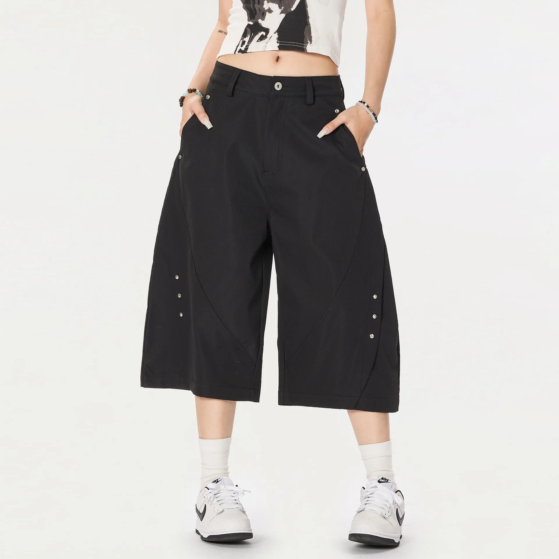 OR FL American Retro Street Women's Curved Knife Seven-inch Shorts Cleanfit Simple Baggy Slacks Wide Leg Pants Y2k Rivets Pants