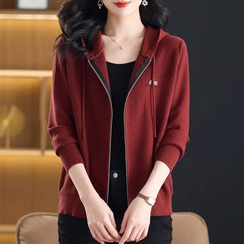 

High Quality New Cardigan Female Spring Autumn 2026 Fashion Hooded Sweater Coat Women's Knitwear Loose Zipper Jacket Mother Tops