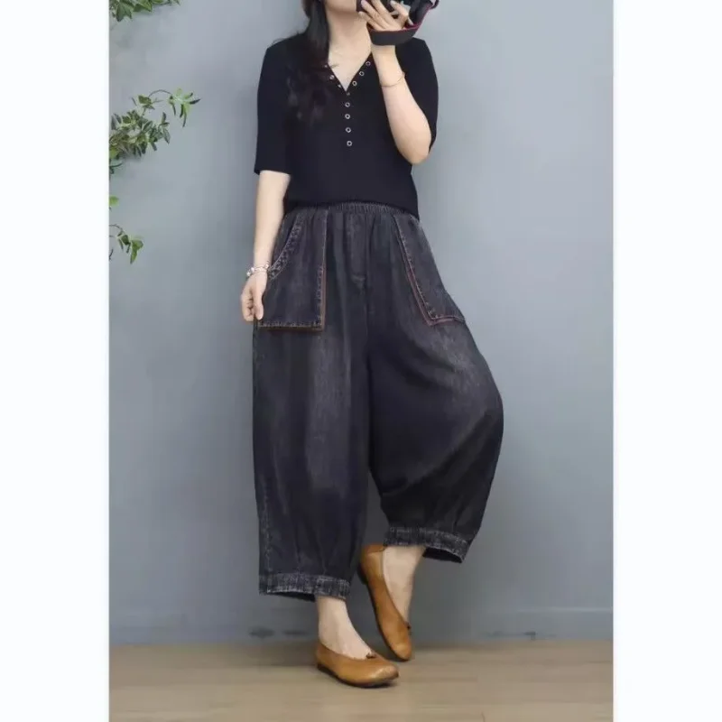 

Женские темные джинсовые мешковатые брюки, свободные брюки с эластичной резинкой на талии и манжетами