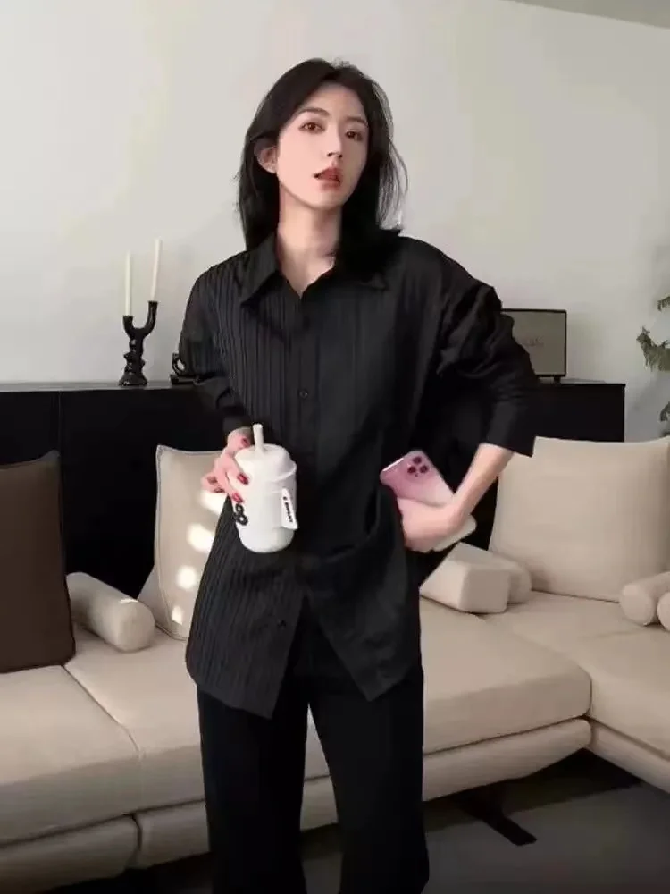 المرأة طويلة Sve مطرزة مخطط irt فضفاضة تناسب عادية Sle ربيع 2023 النسخة الكورية طوق زر التفاصيل