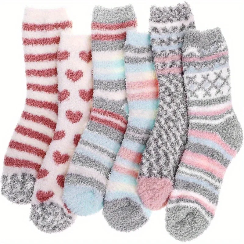 

2/6 Pair Autumn Winter Coral Velvet Socks Sweet Cute Colorful Striped Love Heart Thick Keep Warm Socks Lovely Home Floor Sleep Socks