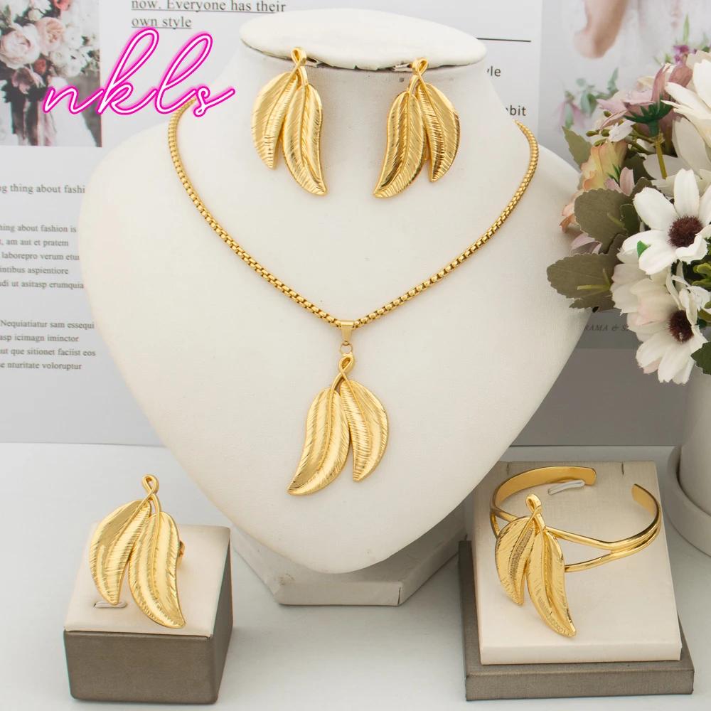 

Dubai Luxury Jewelry Set Fashion 18K Gold Color Necklace Earrings Bangle Ring Set Nigerian Bridal Jewelry for Wedding Party