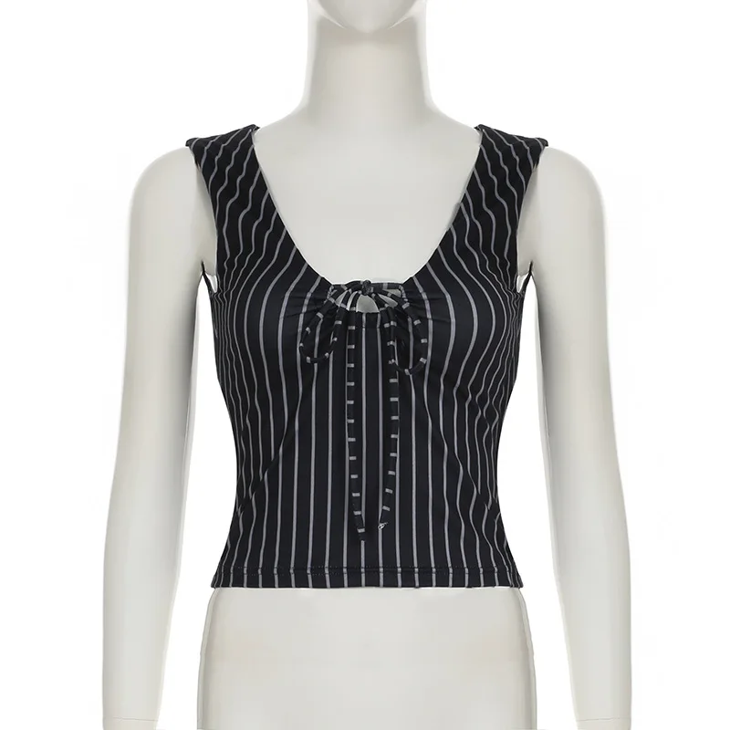Canottiere da donna ritagliate con lacci bianchi a righe nere Design senza maniche con scollo a V Camicette squisite senza schienale Estate alla moda Novità