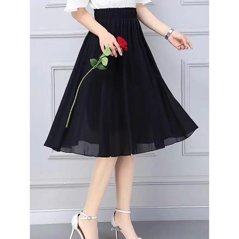 

High Waist Midi Skirt Women's Bla Chiffon A-Line Beachy Fairy Skirt Slimming Double Layered f-length Skirt Summer 2025