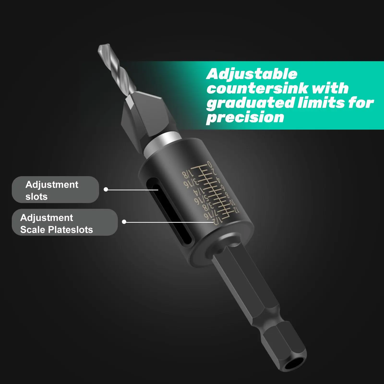 

Набор зенков-сверл четырех размеров с регулируемой глубиной и шестигранным ключом для точного сверления по дереву и металлу