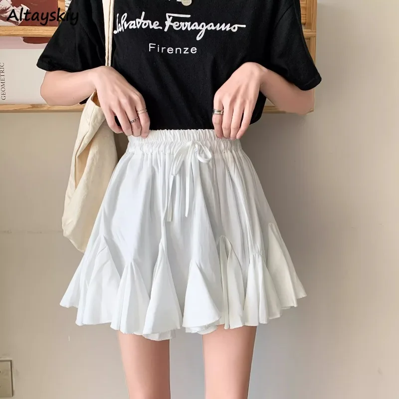 White Puffy Skirts Women Summer Lace-up Simple All-match Streetwear High Waisted Pleated Korean Creativity Unique Daily Stylish