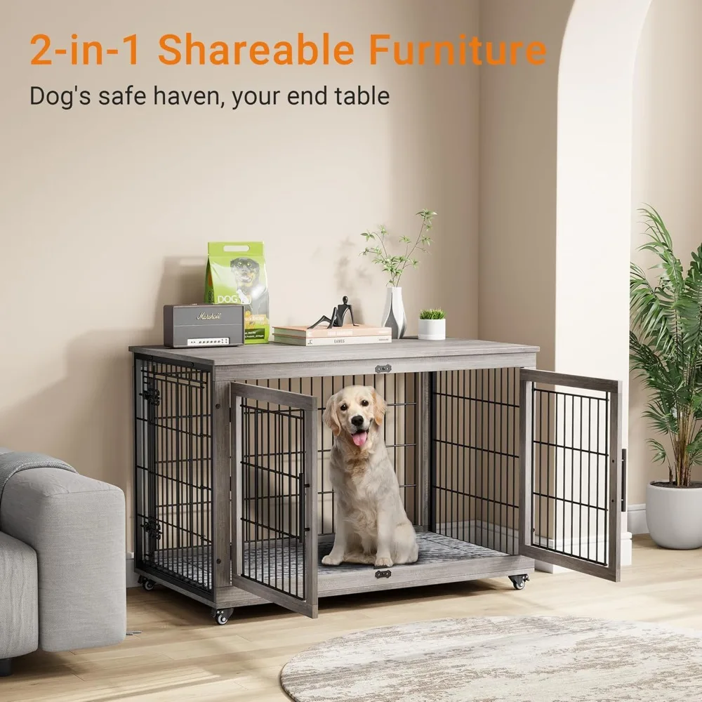 Dog Crate Furniture, XL Wooden Dog Kennel Indoor Double Doors Dog Cage, 44'' Heavy Duty Dog Crate with Cushion & Wheels,