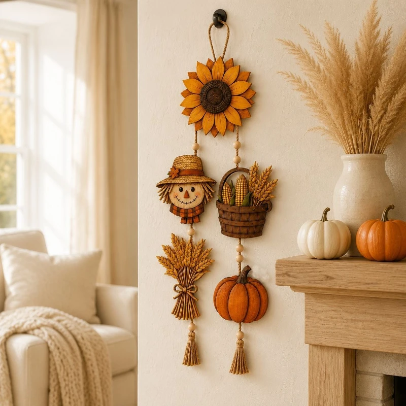 Rustic Harvest Wooden Door Hanger – Farmhouse Fall Style Wood Sign Ornament for Entryway Display