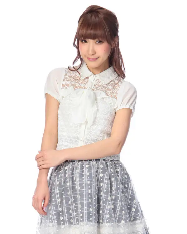 Japan Liz Lisa Hollow Out Lace Mesh Embroidery Chiffon Sleeve Bow Shirts