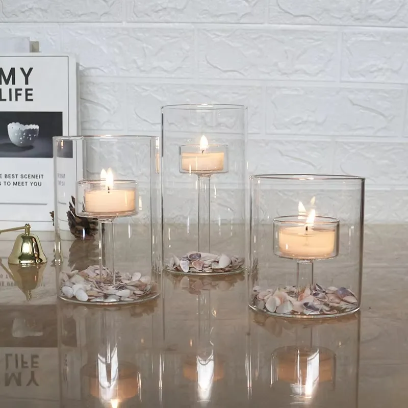 Transparent Glass Candle Holder French Modern High Feet Simple Candlelight Dinner Decorations Wedding Centerpieces for Tables