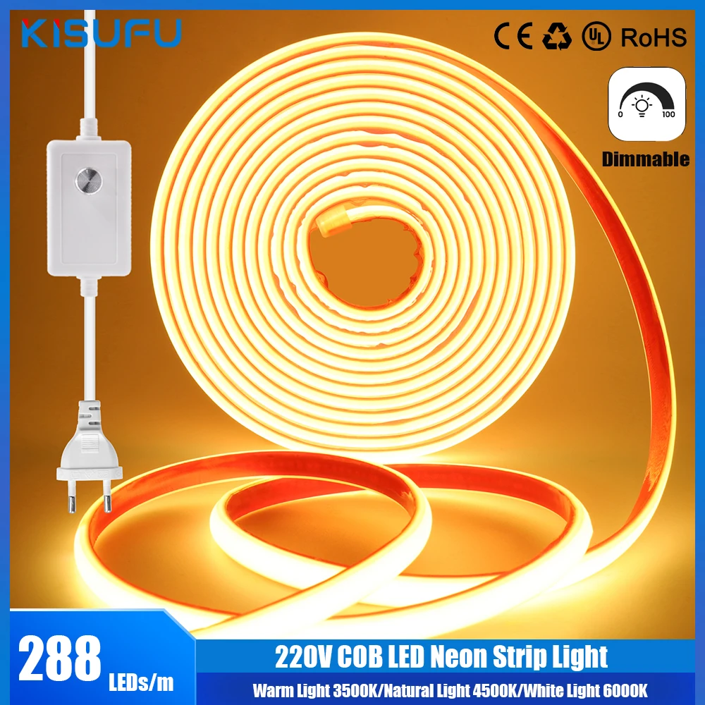 220v regulável cob led neon luz de tira 288leds/m ip67 com interruptor/dimmer plugue da ue fita adesiva flexível para iluminação de jardim doméstico