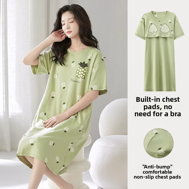 Cool Feeling Cotton like Sleepwear Comfortable Loose Thin Short Sleeve Women's Summer Nightgown Home Clothes Outerwear