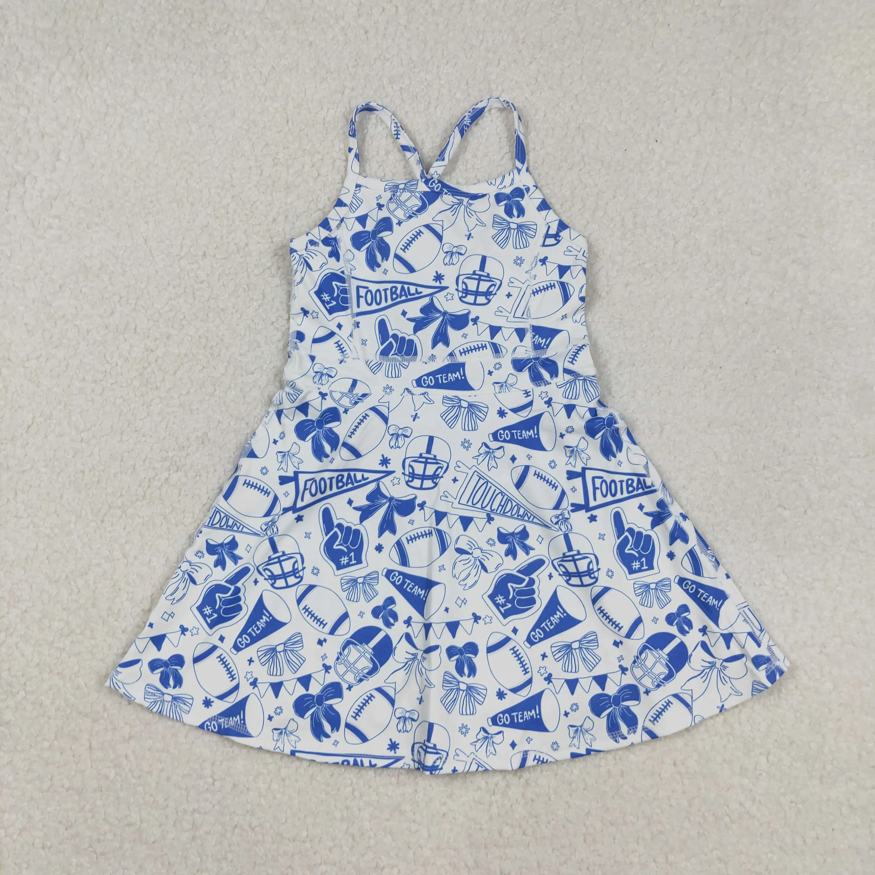 X12.27 Baby Girls Sleeveless Sports Dress Gray/Blue Football Trumpet Bow Pattern Yoga Dress for Newborns Wholesale